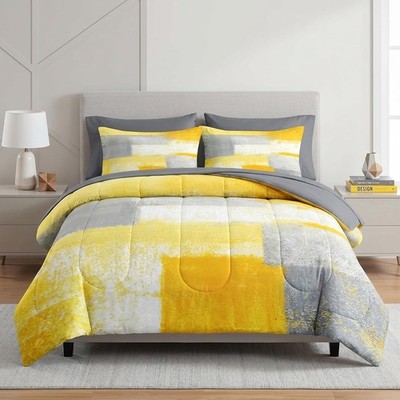 Grey Yellow Full Comforter Set 7 Piece Bed in a Bag with Sheets, Grey Yellow