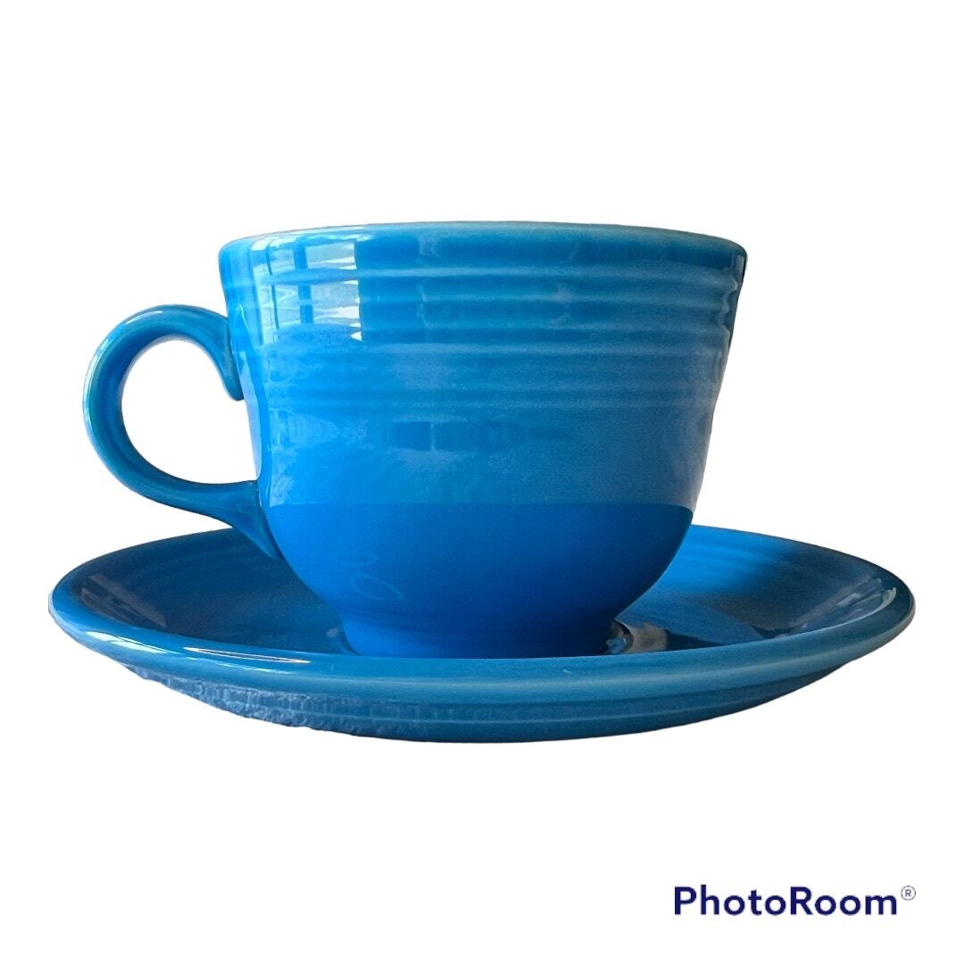 Fiestaware TeaCup and Saucer Set Peacock Retired Color Collectible Pottery