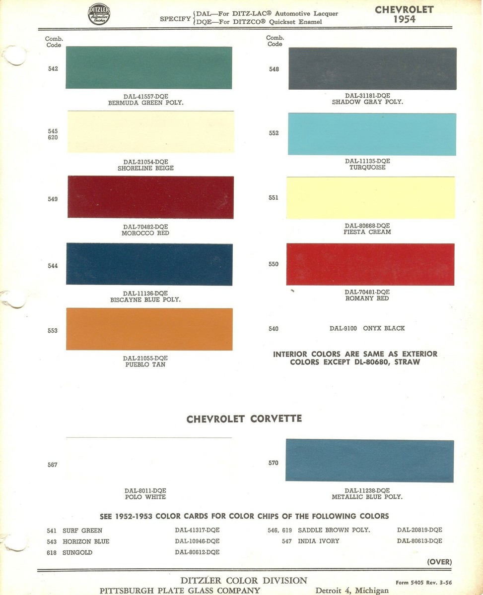1954 Chevrolet Corvette Bel Air 150 210 Handyman Paint Chips PPG