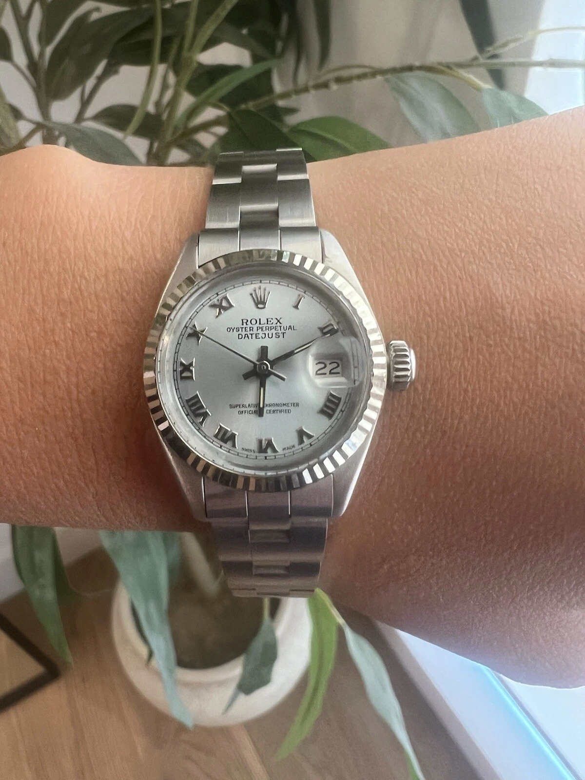 Ladies Rolex Oyster Perpetual Datejust Watch 26mm Ice Blue Roman Numeral Dial