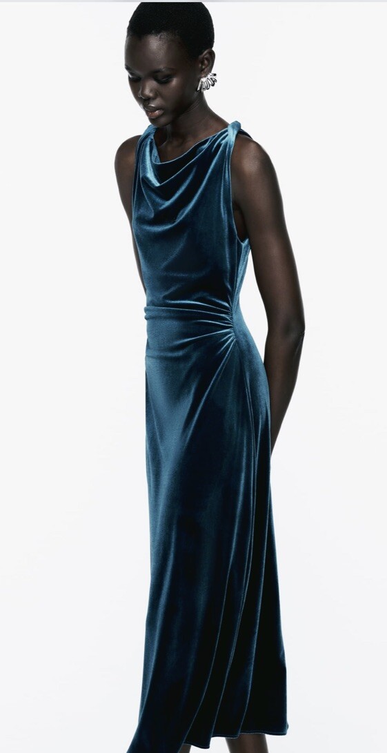 Zara Velvet Midi Dress Size XL Blue | eBay