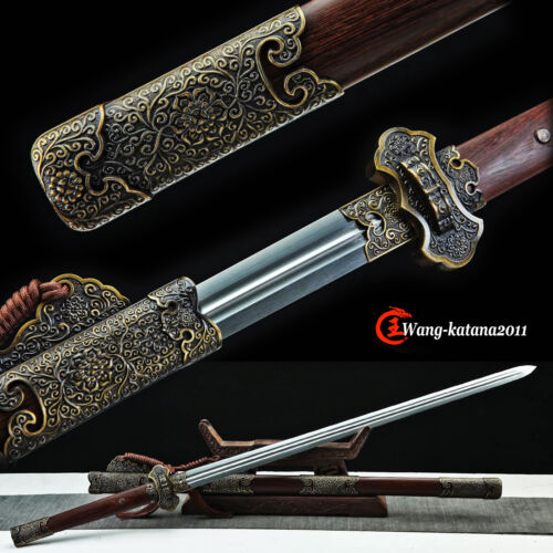 43''1095 Carbon Steel Rosewood Chinese Double Edged Sword Qing Dynasty Jian清剑 - Afbeelding 1 van 12