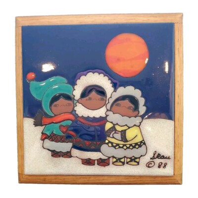 Myra Skau 1988 Caprichio Art Tile Trivet Indigenious Children. Framed In Oak. 