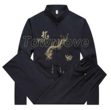 Men's Embroidery 2pc Walking Suit Long Sleeve Casual Shirt Pants Set Tang Suit