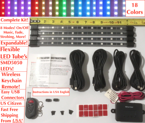 Million Color 5050 SMD LED Neon Motorcycle Lights Kit 4 Tubes Keychain Remote SM - Afbeelding 1 van 12
