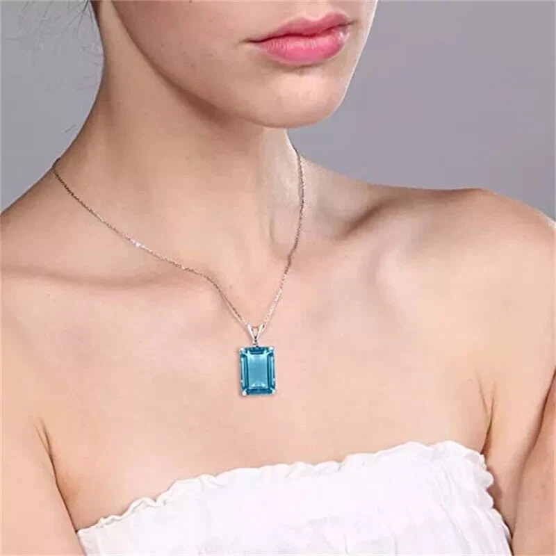 3.5 Ct Emerald Cut Aquamarine Solitaire Pendant For Women's 18" Chain 925 Silver - Image 4 of 4