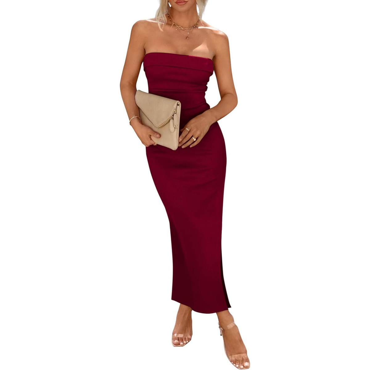 2024 Women's Summer Skintight Long Strapless Side Slit Champagne Cocktail  Dress | eBay