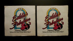 2 OBSOLETE CASINO COCKTAIL / BEER NAPKINS EDDIE'S FABULOUS 50's RENO, NV. unused