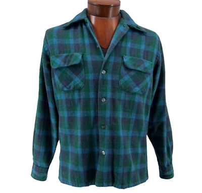 #ad VTG Troy of California Blue Plaid Long Sleeve Wool Shirt Jacket Size Medium $100.00