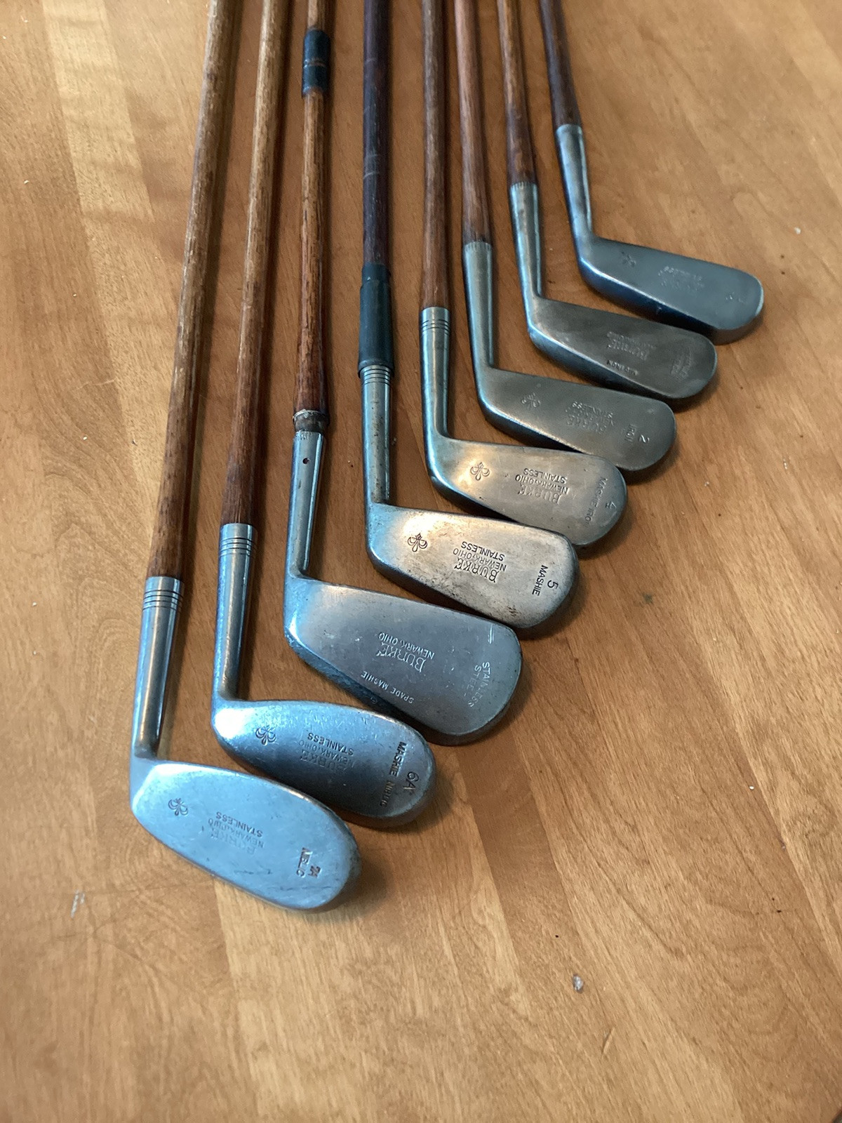 Antique Hickory Wood Shaft 8 Club Stainless Burke Iron set Golf