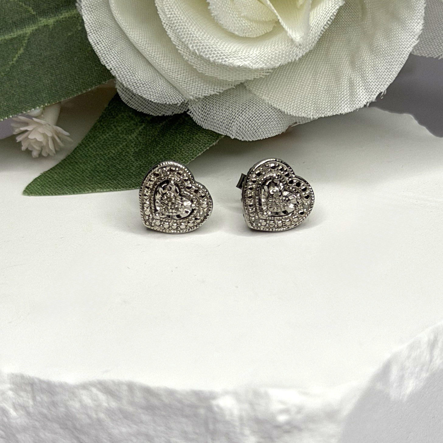 925 Sterling Silver Tiny Diamonds Heart Stud Earrings