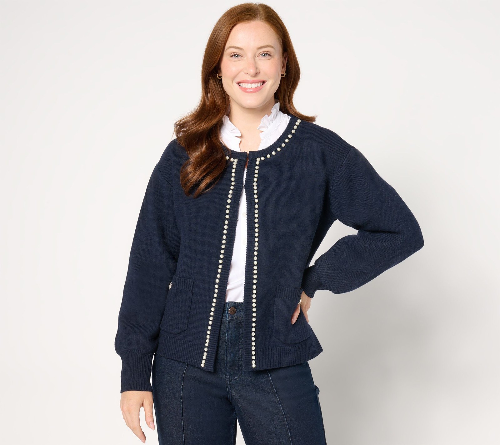 Studio Park Women's Top Sweater Sz M Pearl Embellished Cardigan Blue A668770