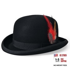 Mens Bowler Hat 100 Wool Womens Derby Hats with Feather Costume 7 5/8 Black