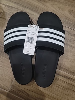 ADIDAS ADILETTE COMFORT UNISEX BLACK WHITE STRIPE SLIDES 