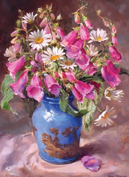 Anne Cotterill Fine Art Blank Greeting Birthday Card Foxgloves & Daisies Flowers
