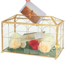 Glass Wedding Card Box with Lock, 12.6x5.9x9 inches Large Gold Card Boxes for...