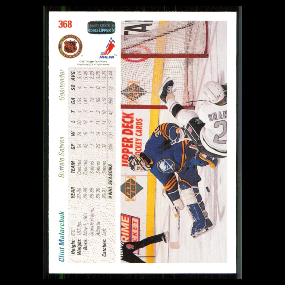 Clint Malarchuk #368 1991 Upper Deck Buffalo Sabres Hockey Card NHL NM - Image 2 of 3