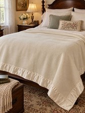 Vintage Queen Size Cream Blanket Satin Trim Bedding 94" x 86"