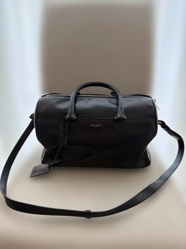 YSL Saint Laurent Boston Bag Duffle Handbag Shoulder Bag Navy Leather 2way Women