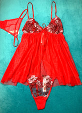 Victorias Secret Dream Angels Beautiful Bows Red Embroidery Tulle Babydoll Set L