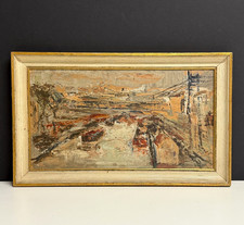 Tableau Ancien HSC "Péniches sur le Canal à Troyes"- Signé Buttner - Daté 1953