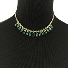 CORO vintage bib necklace - gold-tone emerald-green rhinestone fringe choker 15"