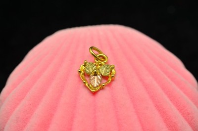 12K Yellow Gold Black Hills Gold Leaves Tiny Heart Pendant Charm