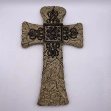 VTG 90s Rustic Faux Stone Religious Cross Wall Hanging Ornate Brown Flower Decor