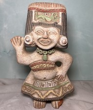 Colorful Mayan Terracotta Pottery Female Fertility Statue Mexico 8"H 5"W 2.5"D