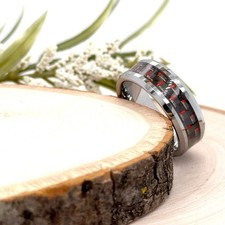 8mm Silver Tungsten Stepped Edge Ring Red Carbon Fiber Inlay Christmas Gift Band