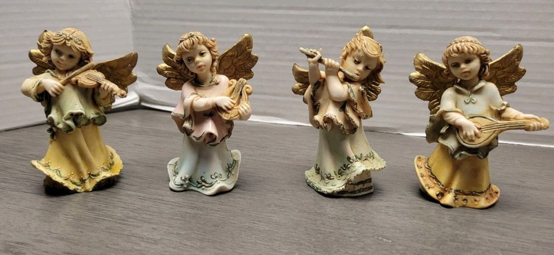 Set Of 4  Vintage Angel Cherub Playing Instruments Ornaments Made In Italy