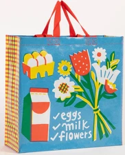 BlueQ Shopper Tote Bag Eggs, Milk, Flowers Blue graphic 95% Recycled Material