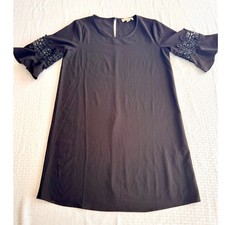 Coverstitched Black Crochet Sleeve Shift Dress Small Boho Mini Bell Sleeve