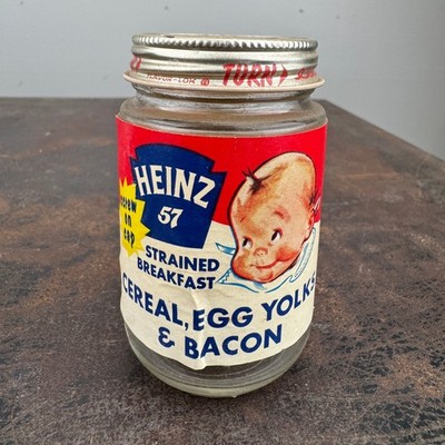 Vtg c.1950s HEINZ 57 Cereal, Egg Yolks & Bacon BABY FOOD JAR w/ Paper Label