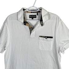 Barbour Pocket Polo Shirt Mens L White Plaid Trim Short Sleeve Cotton read
