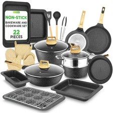 NutriChef 22-Piece Black Marble Non-Stick Coo...