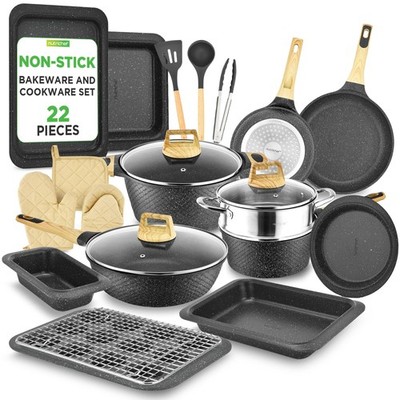 NutriChef 22-Piece Black Marble Non-Stick Cookware and Bakeware Set