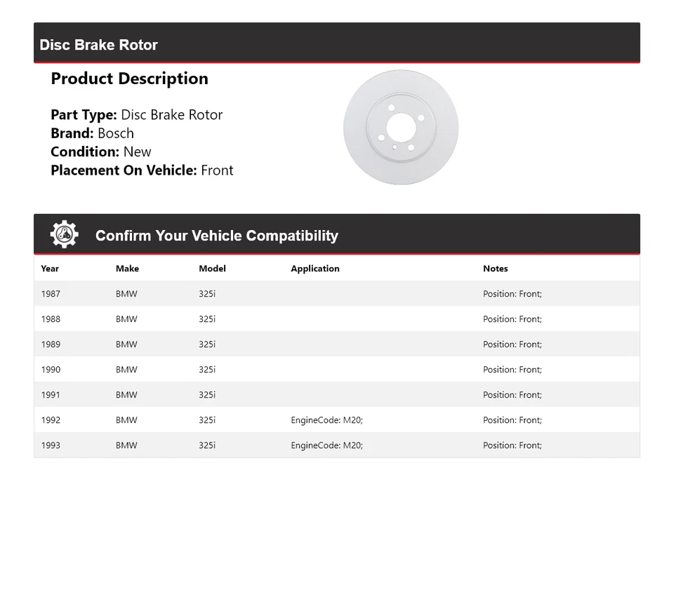 Для 1987-1993 BMW 325i Bosch тихий литой дисковый тормоз ротор передний 1988 1989 1990 - Изображение 2 из 4