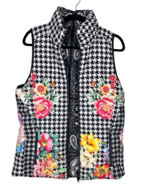 Johnny Was Sasha Reversible Vest S Black White Floral Print Puffer Jacket $340