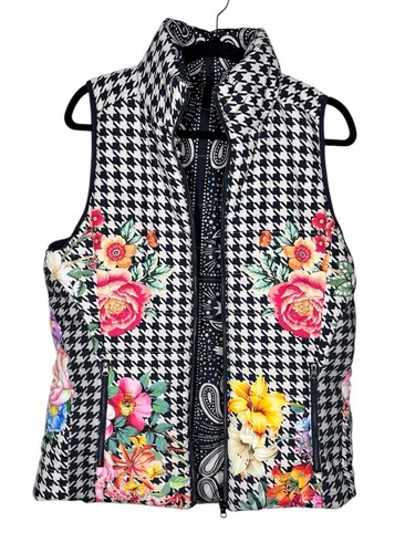 Johnny Was Sasha Reversible Vest S Black White Floral Print Puffer Jacket $340