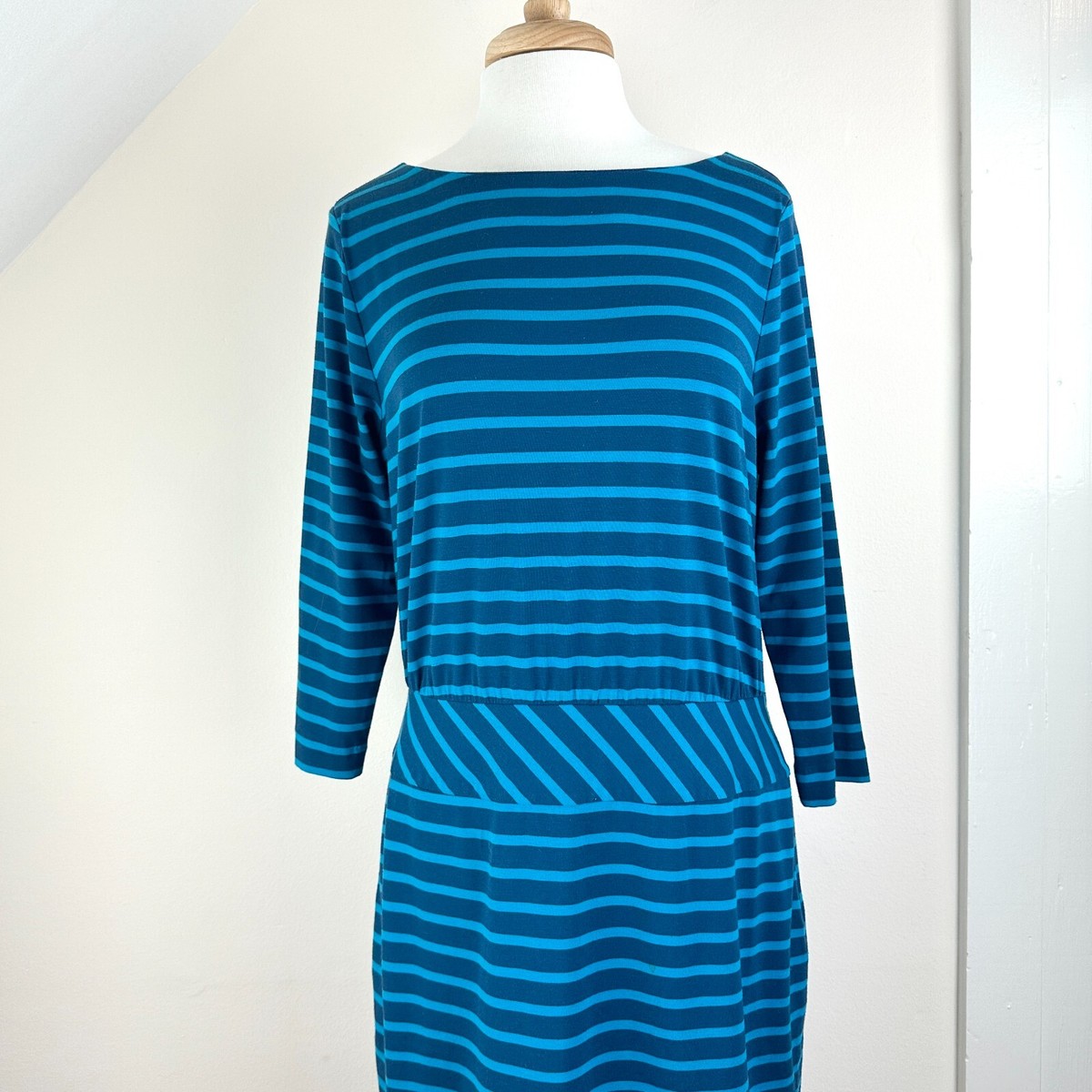 LLBean Signature Women's 12 Jersey Blue Stripe Dress 3/4 Sleeve Boat Neck  Lined | eBay
