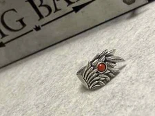 King Baby Studio Raven Wing Ring With 6MM Coral Cabochon Fine Silver .925 Size 9