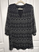 Madewell Black Print V Neck Smocked Shift Dress Sheer Long Sleeves Women’s XXS