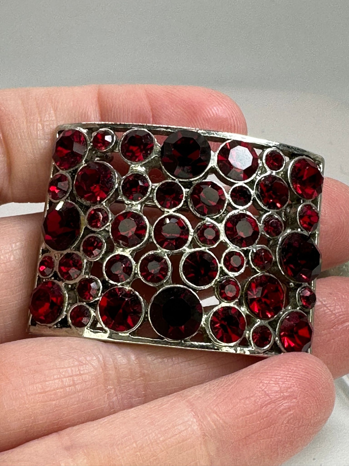 Rectangle Openwork Curved Red Rhinestones Vintage… - image 1