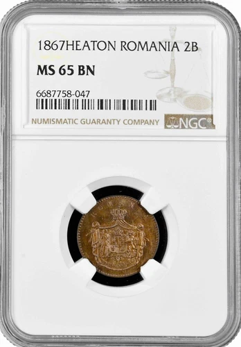 Romania 2 bani 1867 HEATON, NGC MS65 BN, "Domnitor Carol I (1866-1881)" Pop 5/2