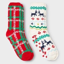 Kid's Super Soft Christmas Fuzzy Gripper Crew Socks Reindeer Plaid 2 Pairs M/L