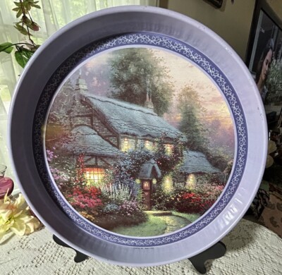 Vintage 1992  Thomas Kincade Tin Tray Purple Cottage House