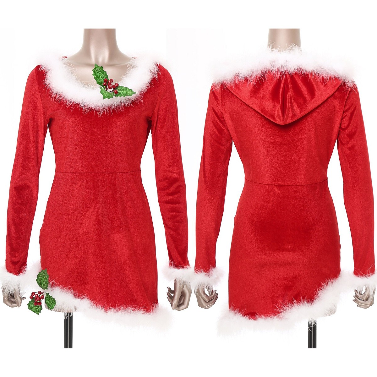 Womens Christmas Santa Dress New Year Party Santa Claus Outfits V Neck  Velvet | eBay