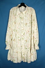 H&M White/Multi FLORAL Ruffle Trim BUTTON-UP PLEATED Oversized SHIRT DRESS XXL