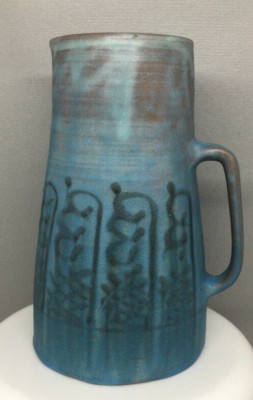 RARE Anton Lang Studio Pottery Blue Abstract 7'' Pitcher Keramik West Germany MCM